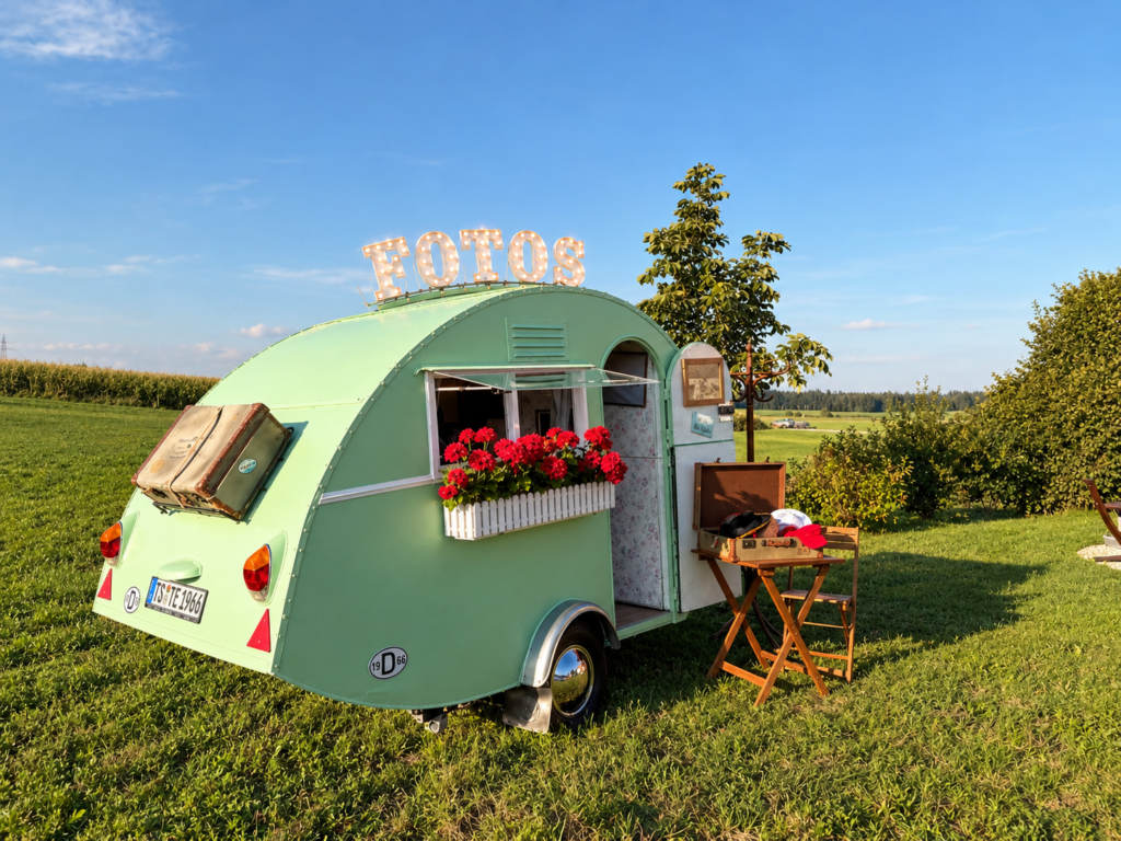 pastellgrüner fotowagen mit leuchtschrift